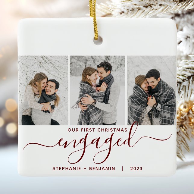 1st Christmas Engaged 3 Photo Burgundy Red Script Ceramic Ornament (Creator Uploaded)