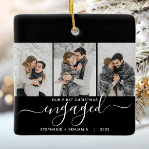 1st Christmas Engaged 3 Photo White Script Black Ceramic Ornament