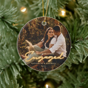1st Christmas Engaged Neon Lettering Photo Ceramic Ceramic Tree Decoration