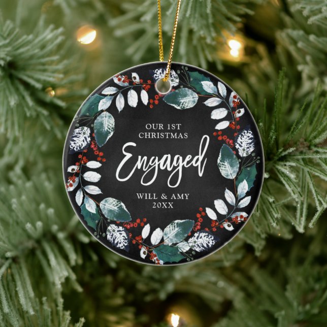 1st Christmas Engaged Personalised Holly Greenery Ceramic Tree Decoration (Tree)