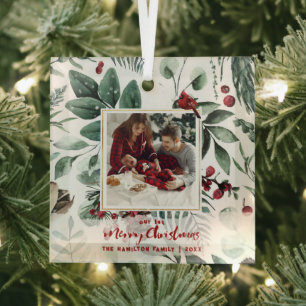 1st Christmas Family 2-Photo Watercolor Holly Glass Tree Decoration