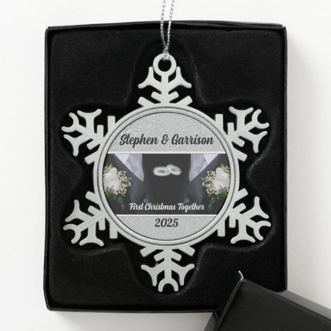 1st Christmas for Two Grooms Snowflake Pewter Christmas Ornament (Box)