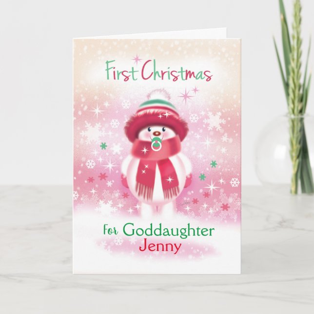 1st Christmas, Goddaughter, Snow baby & Pacifier Holiday Card (Front)