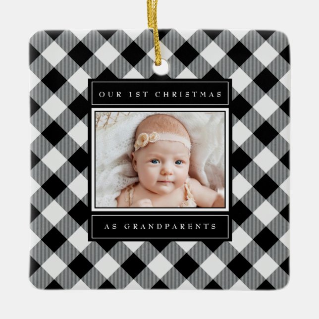 1st Christmas Grandparents Black White Plaid Photo Ceramic Ornament (Front)