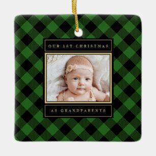 1st Christmas Grandparents Green Gold Plaid Photo Ceramic Ornament