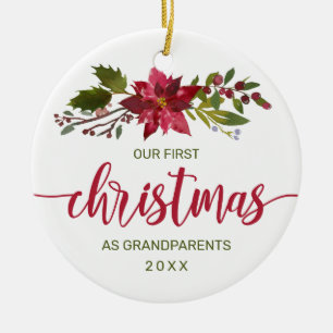 1st Christmas Grandparents Photo Watercolor Floral Ceramic Tree Decoration