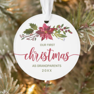 1st Christmas Grandparents Photo Watercolor Floral Ornament