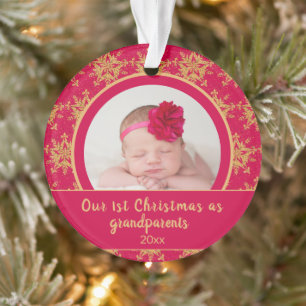 1st Christmas Grandparents Pink Gold Photo Ornament