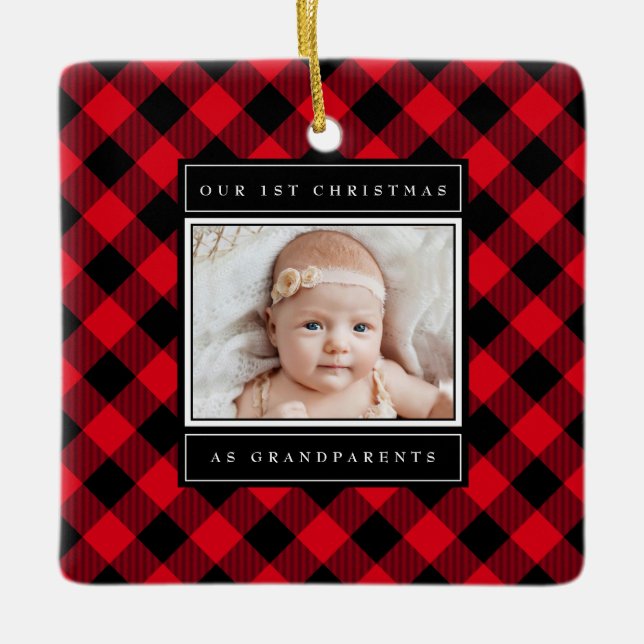 1st Christmas Grandparents Red Buffalo Plaid Photo Ceramic Ornament (Front)