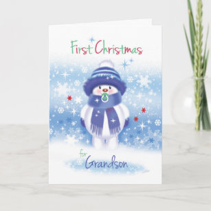 1st Christmas, Grandson, Snow baby with Pacifier Holiday Card