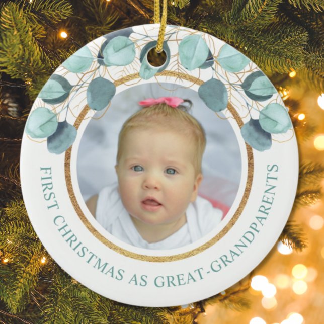1st Christmas Great Grandparents Eucalyptus Photo Ceramic Tree Decoration (Creator Uploaded)