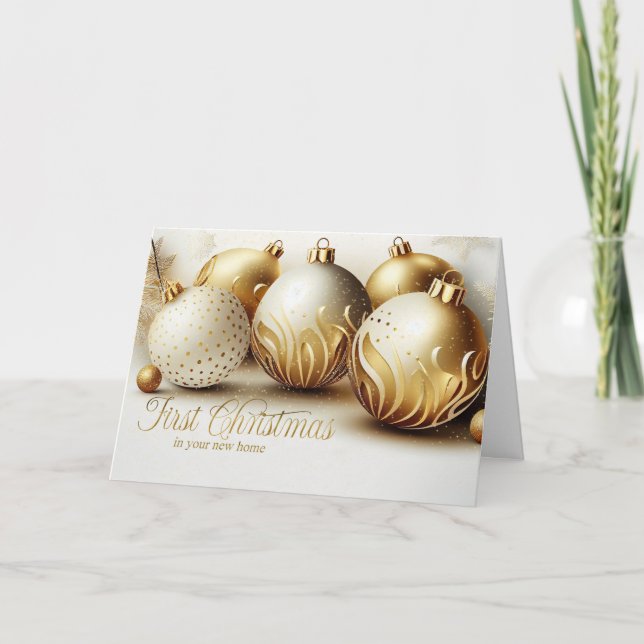 1st Christmas in a New Home Gold and White Holiday Card (Front)