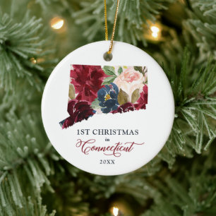 1st Christmas In Connecticut Personalised Floral Ceramic Tree Decoration