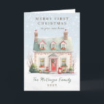 1st Christmas in New Home Holiday Card<br><div class="desc">First Christmas in your new home card. Lovely snow covered house with Christmas decorations.</div>