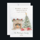 1st Christmas in New Home Tree Fire Place Holiday Card<br><div class="desc">First Christmas in your new home card. This design features a watercolor illustration of Christmas tree,  fire place,  presents and on the reverse side  - Santa. On the front in a background is a delicate image of winter trees in snow.</div>