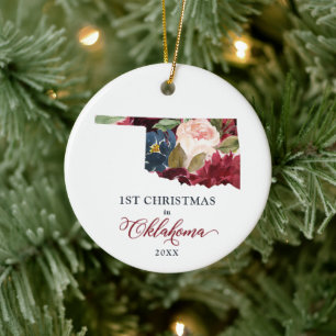 1st Christmas In Oklahoma OK Personalized Floral Ceramic Tree Decoration
