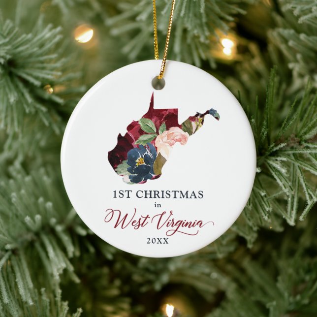 1st Christmas In West Virginia Personalised Floral Ceramic Tree Decoration (Tree)