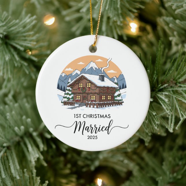 1st Christmas Married 2025 Rustic Cabin Ornament  (Tree)