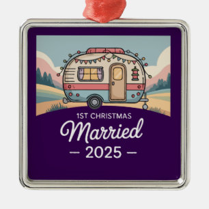 1st Christmas Married 2025 Vintage Camper RV Metal Tree Decoration