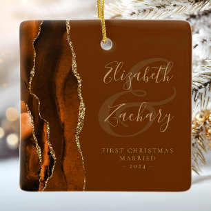 1st Christmas Married Burnt Orange Agate Brown Ceramic Ornament