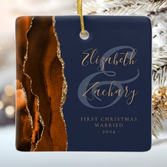 1st Christmas Married Burnt Orange Agate Navy Blue Ceramic Ornament (Creator Uploaded)
