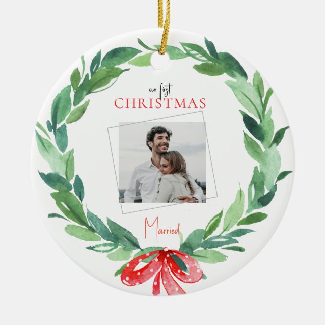 1st Christmas Married Couple Photo  Ceramic Tree Decoration (Front)