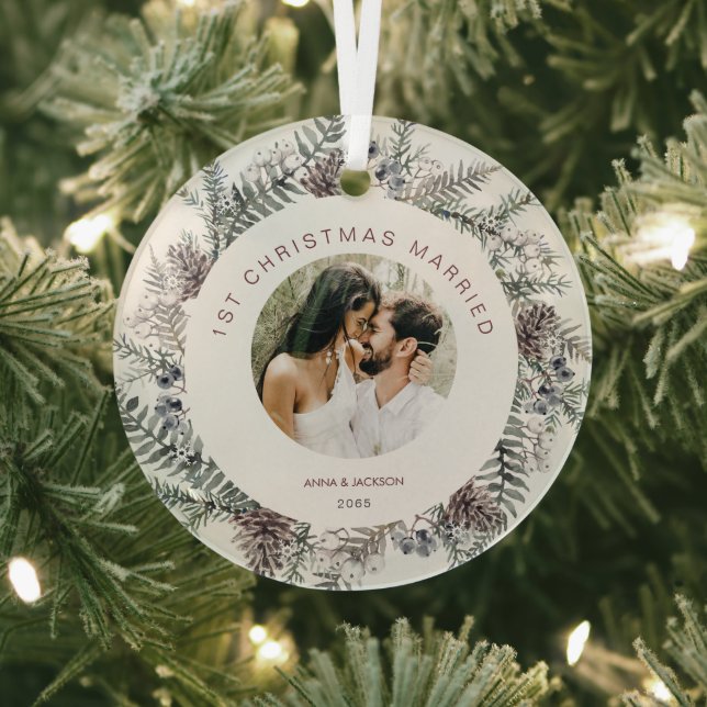  1st Christmas Married Couple Photo Foliage Glass Tree Decoration (Insitu)