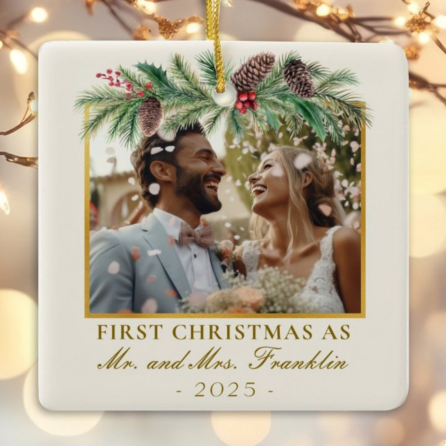 1st christmas married festive photo ceramic ornament (Creator Uploaded)