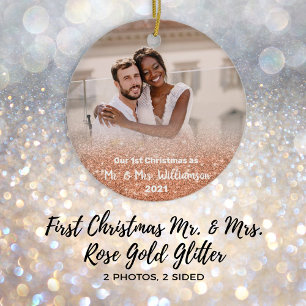 1st Christmas Married Mr. Mrs Rose Gold Glitter Ceramic Tree Decoration