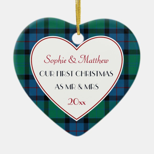 1st Christmas Married Plaid Gift Heart Ceramic Tree Decoration (Front)