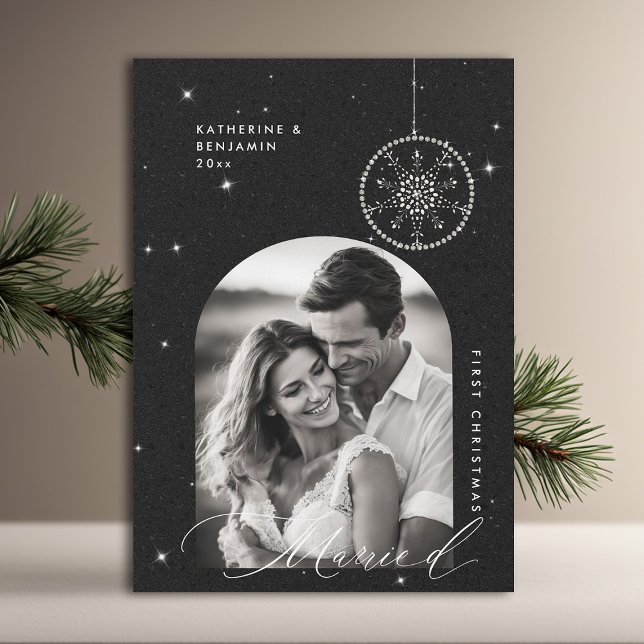 1st Christmas Married Snowflakes Boho Black Photo Holiday Card (christmas card first married couple black glitter sparkle boho arch modern minimalist snowflake)