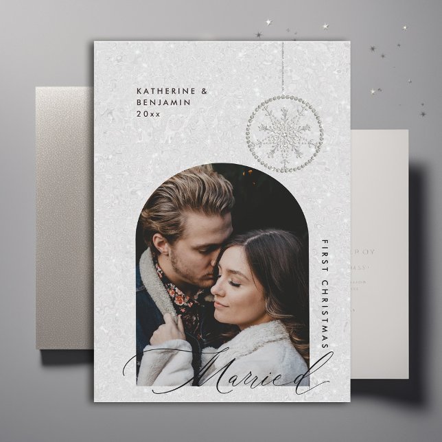 1st Christmas Married Snowflakes Boho Modern Photo Holiday Card (christmas card first married couple black white glitter boho arch modern minimalist snowflakes)