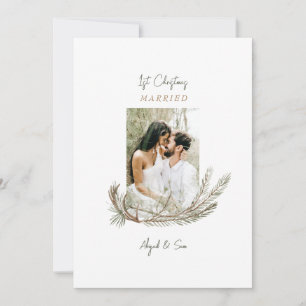 1st Christmas Married Two Photo Pine & Antlers Hol Holiday Card