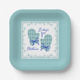 1st Christmas Mittens Blue Bow Holiday Paper Plate