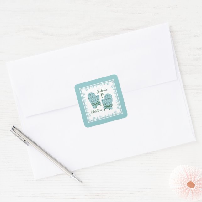 1st Christmas Mittens Green Bow Holiday Square Sticker (Envelope)
