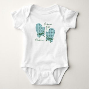 1st Christmas Mittens Green Bow Royal Botanical  Baby Bodysuit