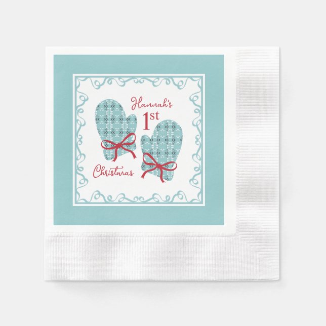 1st Christmas Mittens Red Bow Holiday Napkin (Front)