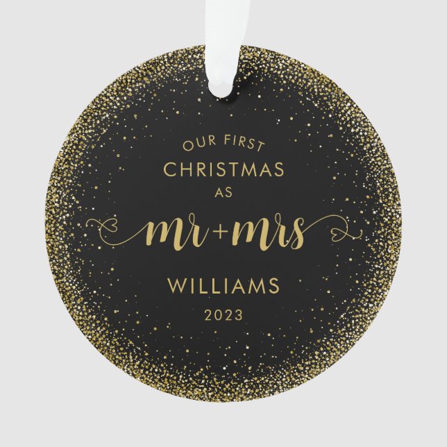 1st Christmas Mr and Mrs Gold Glitter Wreath Photo Ornament (Front)