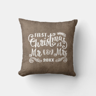 1st Christmas Mr. Mrs. Rustic Country Burlap Cushion