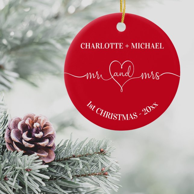 1st Christmas newly weds names heart red white Ceramic Tree Decoration (Creator Uploaded)
