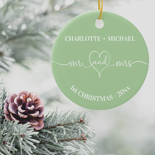 1st Christmas newlyweds names heart sage green Ceramic Tree Decoration (Creator Uploaded)