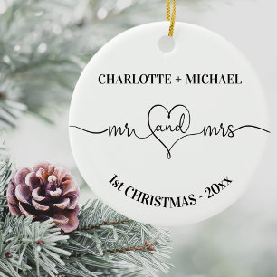 1st Christmas newlyweds names heart white Ceramic Tree Decoration