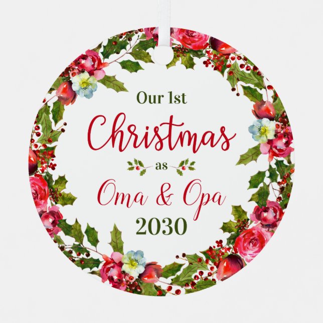 1st Christmas Oma Opa Photo Metal Tree Decoration (Front)