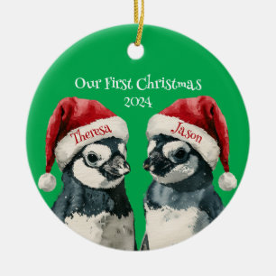 1st Christmas Personalized Penguins Santa Hats Ceramic Tree Decoration