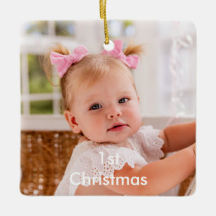1st Christmas Photo Pink Bow Birth Details Ceramic Ornament