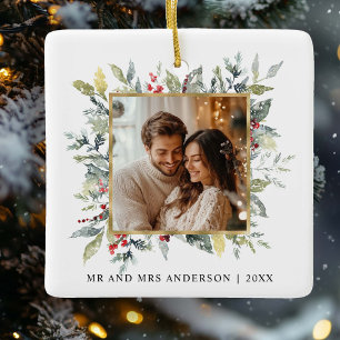 1st Christmas Photo Tis the Season to Be Married Ceramic Ornament