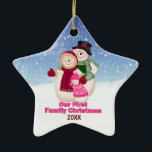 1st Christmas pink Frosty Snowman Family Ceramic Tree Decoration<br><div class="desc">Frosty the Snowman with Mrs Frosty and baby girl Frosty with snowflakes background. They are dressed for winter in scarf,  hat and mittens. Unique ornament has date area ready for you to customise.</div>