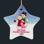 1st Christmas pink Frosty Snowman Family Ceramic Tree Decoration<br><div class="desc">Frosty the Snowman with Mrs Frosty and baby girl Frosty with snowflakes background. They are dressed for winter in scarf,  hat and mittens. Unique ornament has date area ready for you to customise.</div>