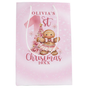 1st Christmas Pink Gingerbread Girl with Tree Medium Gift Bag