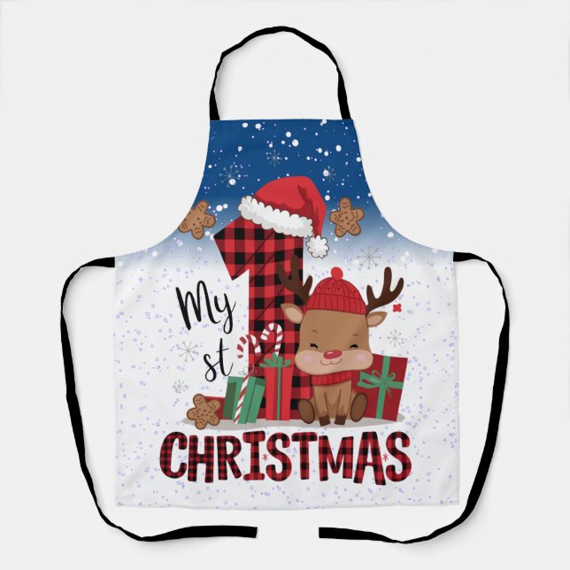 1st Christmas Santa Hat White Snow Baby Reindeer Apron (Front)